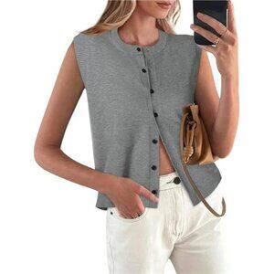 Womens Sweater Vest Crewneck Button Down Tops Grey